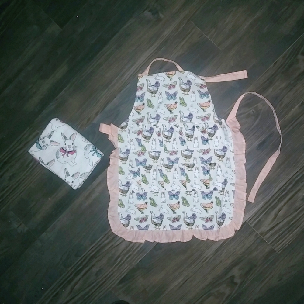 Bunnies & Butterflies Hens Girls Kitchen Cooking Apron Cuptowel Set Kids